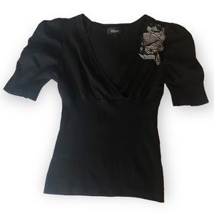 IZ Byer Black Puff Sleeve Shirt Large 55% Cotton 25% Rayon 20% Nylon